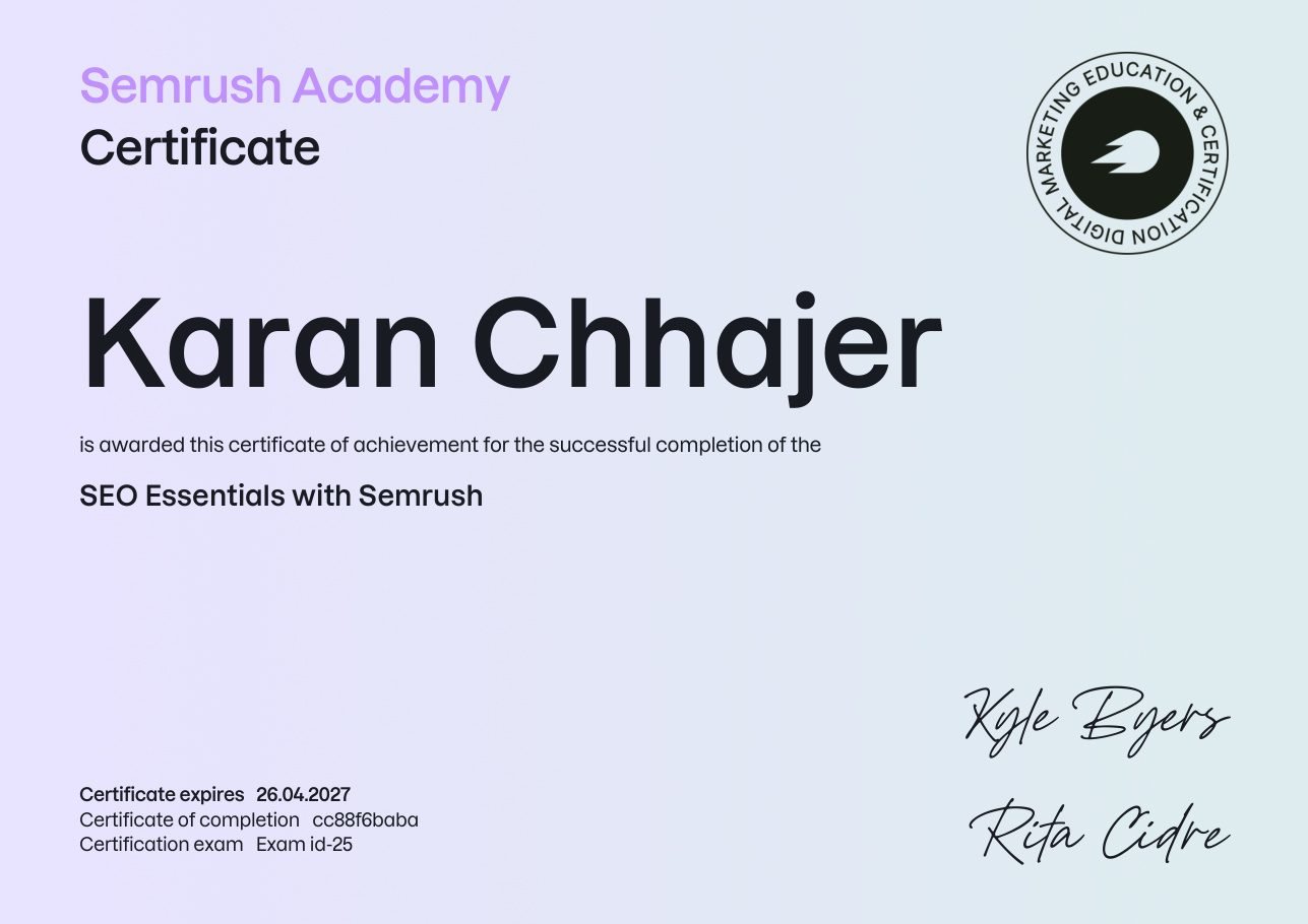 SEO Essentials certificate
